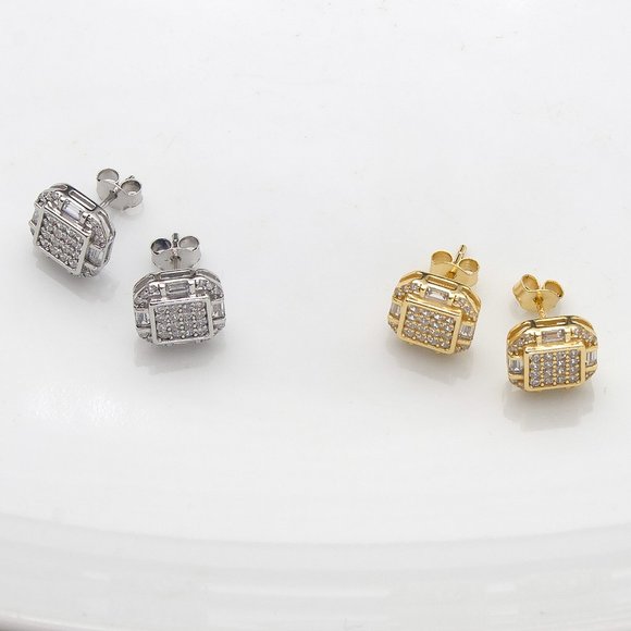 Gold CZ Stud Earrings, 14k Gold 10mm Icy Bling Square CZ Studs - Picture 7 of 9